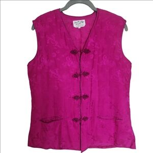 VINTAGE DOUBLE HORSE MAGENTA SILK ASIAN PATTERN PUFF VEST SIZE MEDIUM/LARGE EUC